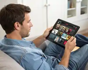 #1 IPTV Nordic Service in 2025 4 a man scrolling on Nordic movies selection on his tablet